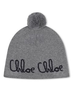 Chloé Girls Grey Knitted Hat with Navy Blue Chloé Logo WS25