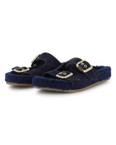 Chloé Girls Navy Blue Suede Logo Sliders