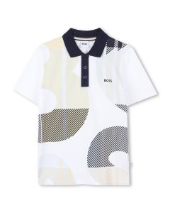 BOSS Boys White Cotton Piqué Polo Shirt With Abstract Logo