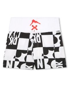 DKNY Boys Black & White Checkerboard Logo Print Swim Shorts