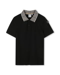 BOSS Boys Black Cotton Polo Shirt With Jacquard Collar