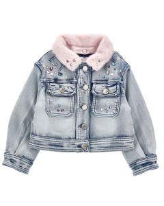 Monnalisa Girls Blue Denim Lilo and Stitch Jacket with Pink Collar