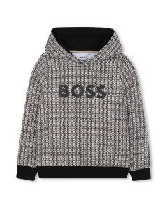 BOSS Boys Black, Beige & White Checked Hoodie