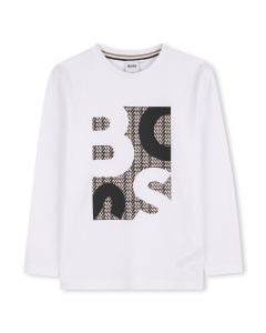 BOSS Boys White Long Sleeved Cotton Top with Abstract Logo Print WS25