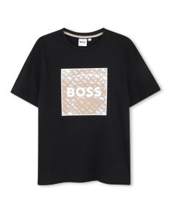 BOSS Boys Black Cotton Monogram Logo T-Shirt WS25