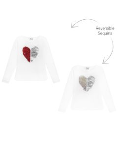 3Pommes Girls White Cotton Heart Sequin Top