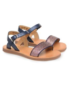 Pom D Api Girls Navy "Plagette Buckle Tao" Glitter Sandals