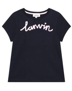 Lanvin Girls Navy Pink Embroidered T-Shirt