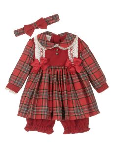 Pretty Originals Baby Girls Red & Blue Tartan Long Sleeve Dress, Bloomers And Headband