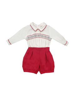 Pretty Originals Boys Red and Cream shorts set with smocking shirt