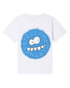 Stella McCartney Kids Boys White Cotton T-Shirt with Blue Yeti Face Print