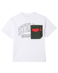 Stella McCartney Kids Boys White Cotton T-Shirt With Varsity Logo & Chest Pocket