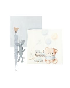 Jamiks Blue Cotton & Teddy Bear & Train Muslins & Dummy Clip Set